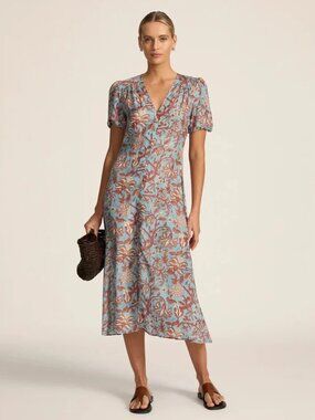 NWT Hannah Artwear Olivia Button Front Silk Midi Dress in Fernando Sky size 1/S